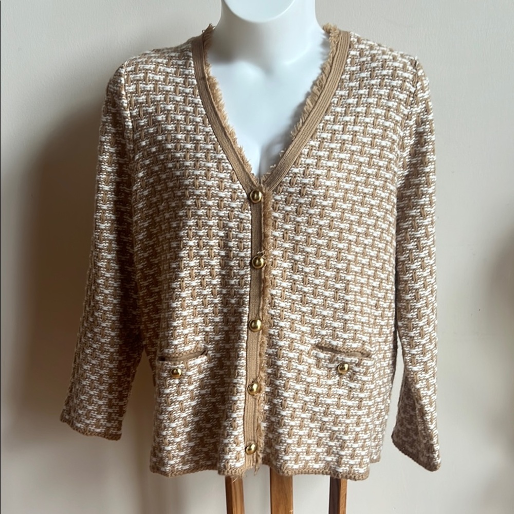 Liz & Me Tan and Cream Textured Knit Cardigan